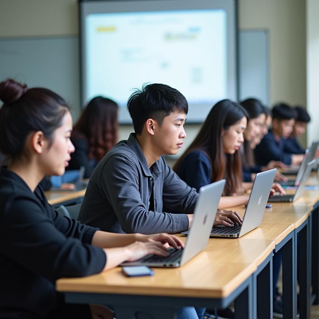 Sinh viên CĐ Việt Mỹ Gò Vấp học tập, thảo luận trong lớp, thể hiện môi trường năng động