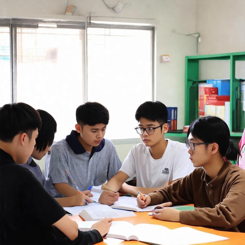 Một nhóm sinh viên đang học bài trong khu vực học tập chung tại Ký túc xá Đại học Kiến trúc Đặng Văn Bi