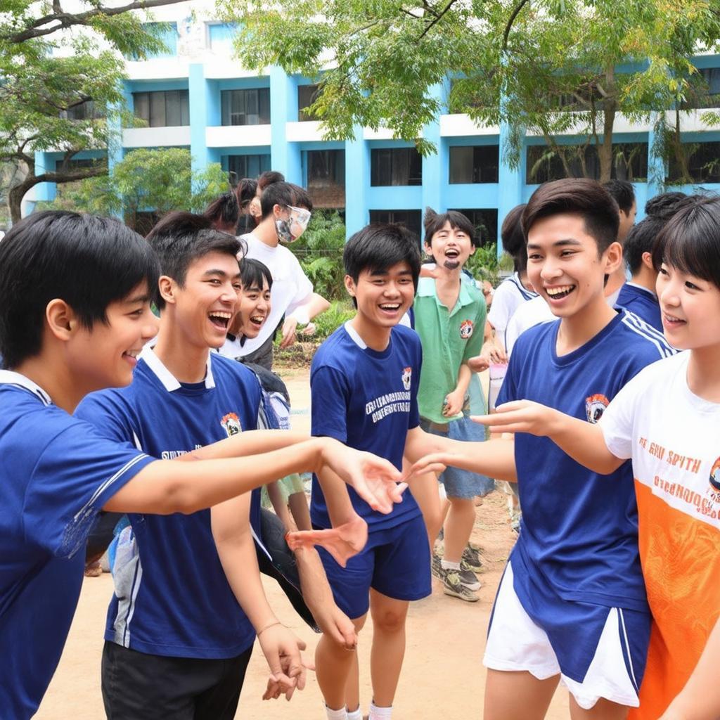 Nhóm sinh viên ký túc xá SPKT vui vẻ tham gia một hoạt động cộng đồng, thể thao hoặc văn hóa