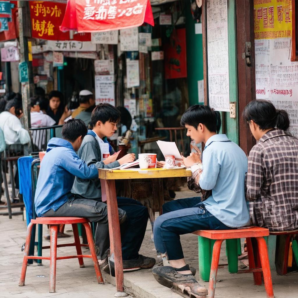 Sinh viên ngồi học hoặc trò chuyện tại quán nước vỉa hè gần ngõ 67 Phùng Khoang
