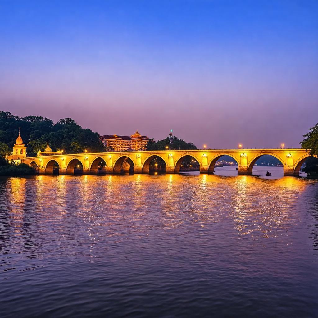 Toàn cảnh sông Hương thơ mộng và cầu Trường Tiền lung linh về đêm tại Huế.