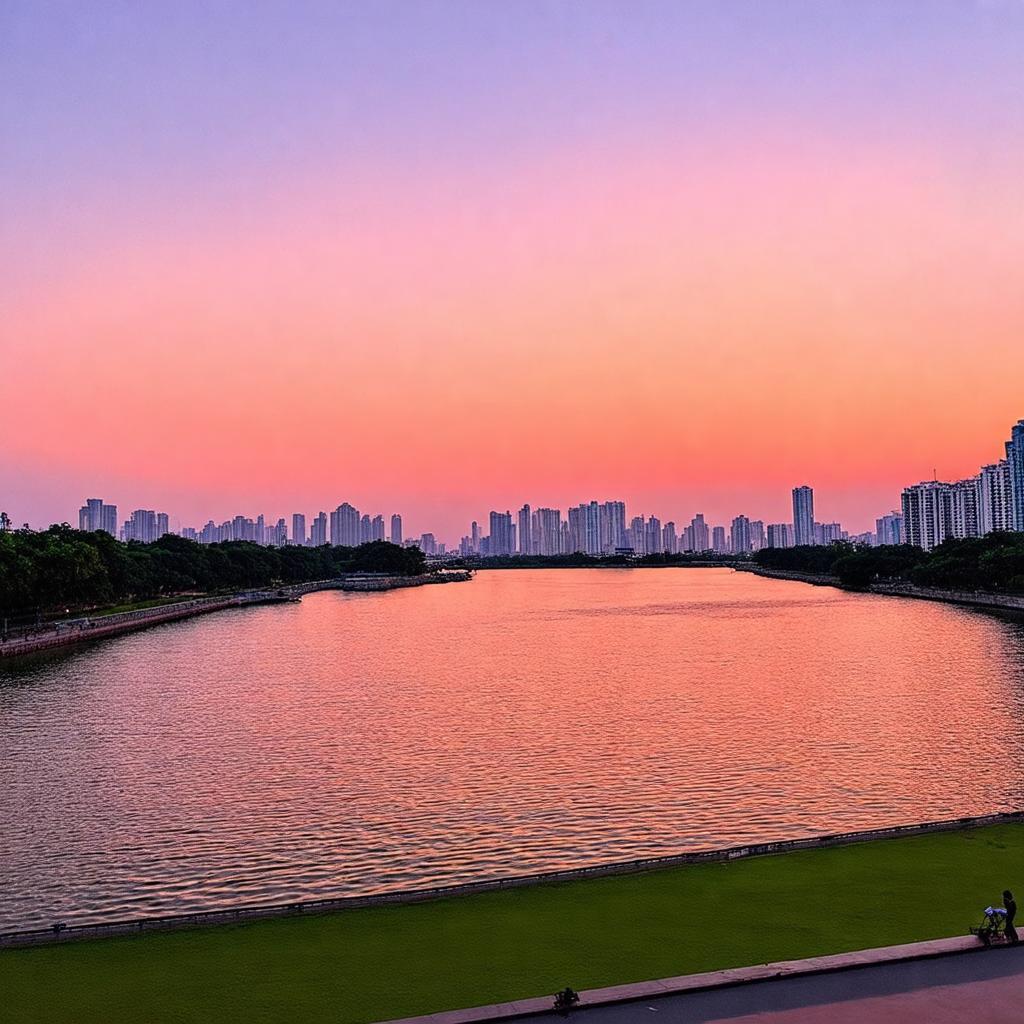 Hoàng hôn tuyệt đẹp buông xuống trên sông Sài Gòn nhìn từ công viên Bình An, rất thơ mộng.