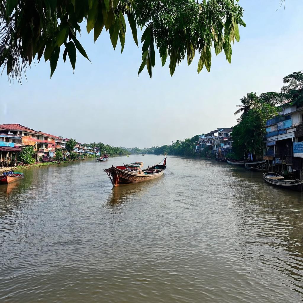 Canh dong song tien yen binh voi tau ghe qua lai va bo song tho mong o thi tran cho moi an giang