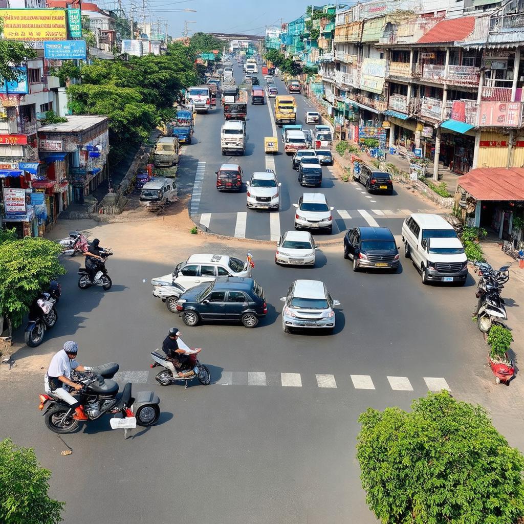 Khung cảnh nhộn nhịp thường ngày tại Vòng xoay Gò Dầu Tây Ninh với nhiều phương tiện qua lại