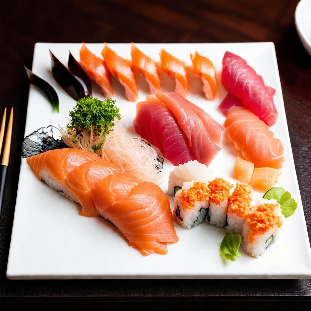 Dia sushi sashimi tuoi ngon trong thuc don nha hang Nhat Ban