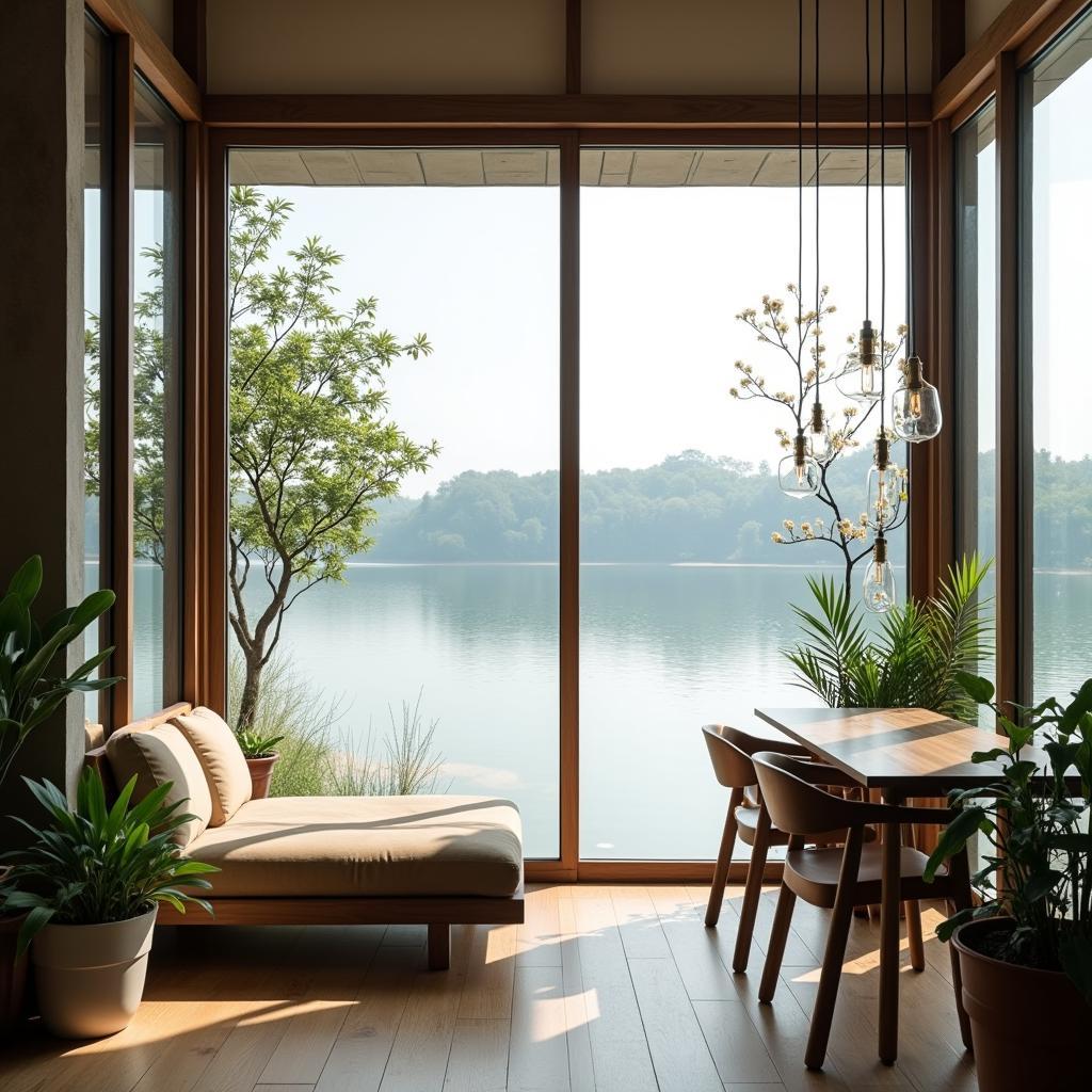 Quang cảnh hồ nước yên bình nhìn từ Sông Sánh Café, Ba Đình, Hà Nội.