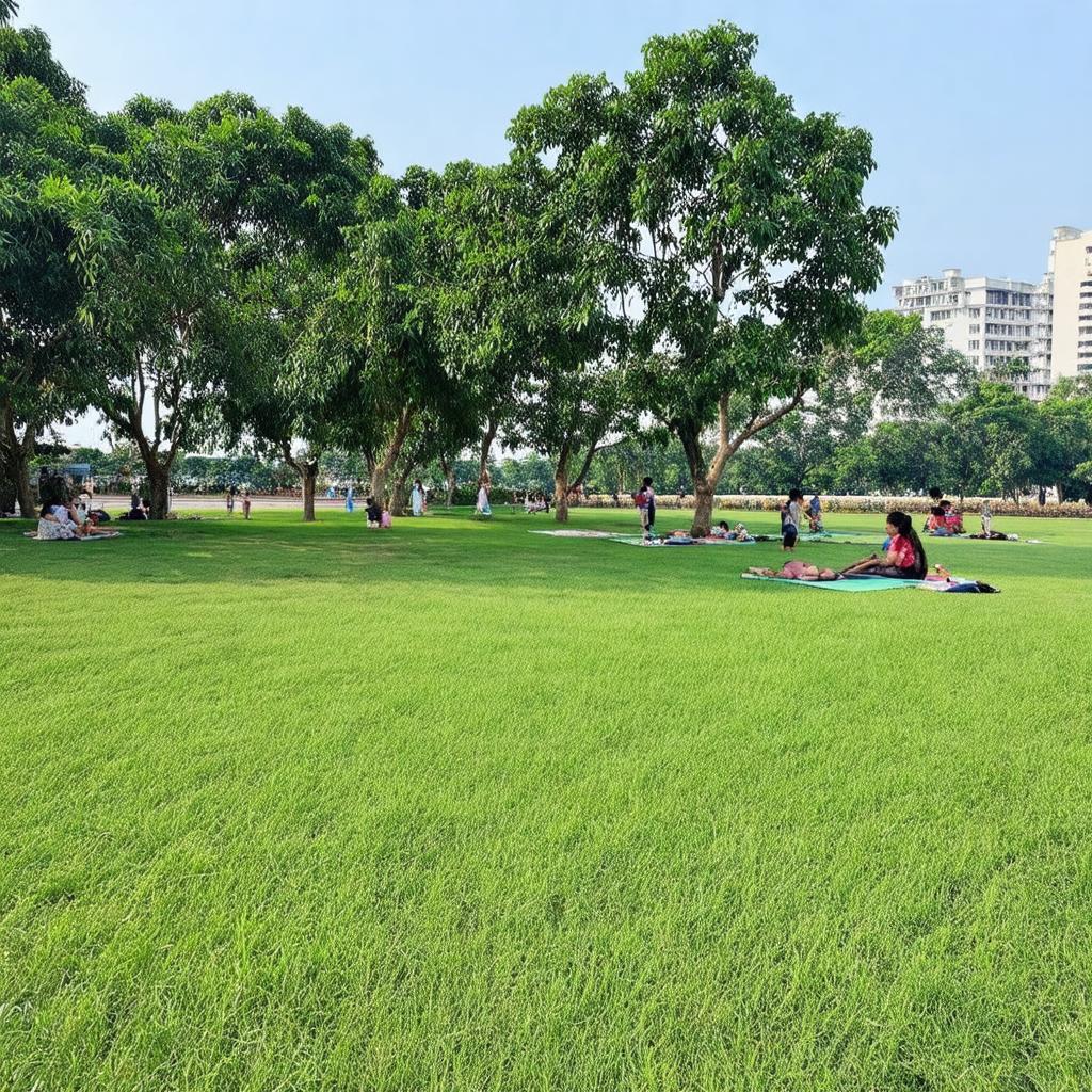 Thảm cỏ xanh rộng lớn công viên Bình An, nơi lý tưởng cho gia đình vui chơi, picnic và chụp ảnh.