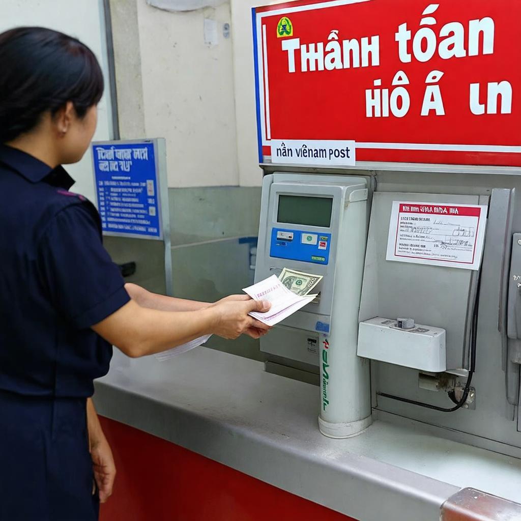 Người dân đang thanh toán các loại hóa đơn dịch vụ tại quầy giao dịch bưu điện.