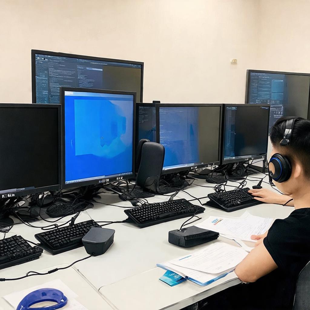 Tai nghe và máy tính được sử dụng cho kỳ thi TOEIC tại Trung tâm IIG 75 Giang Văn Minh