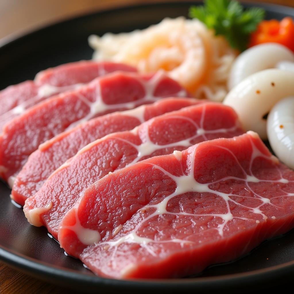 Các loại thịt bò, hải sản tươi ngon được tẩm ướp sẵn sàng cho món nướng Yakiniku.