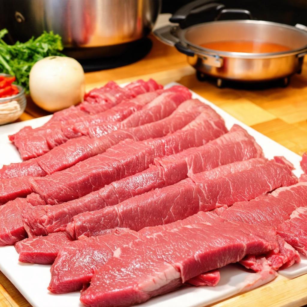 Những miếng thịt bò tươi ngon chuẩn bị nhúng lẩu tại Quán Lẩu Bò Ba Toa, Đường Hoàng Diệu, Đà Lạt
