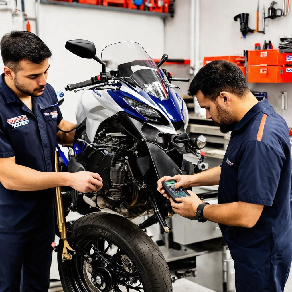 Cac tho lanh nghe dang kiem tra va sua chua xe may voi cong cu chuyen dung tai TinoMotor Shop