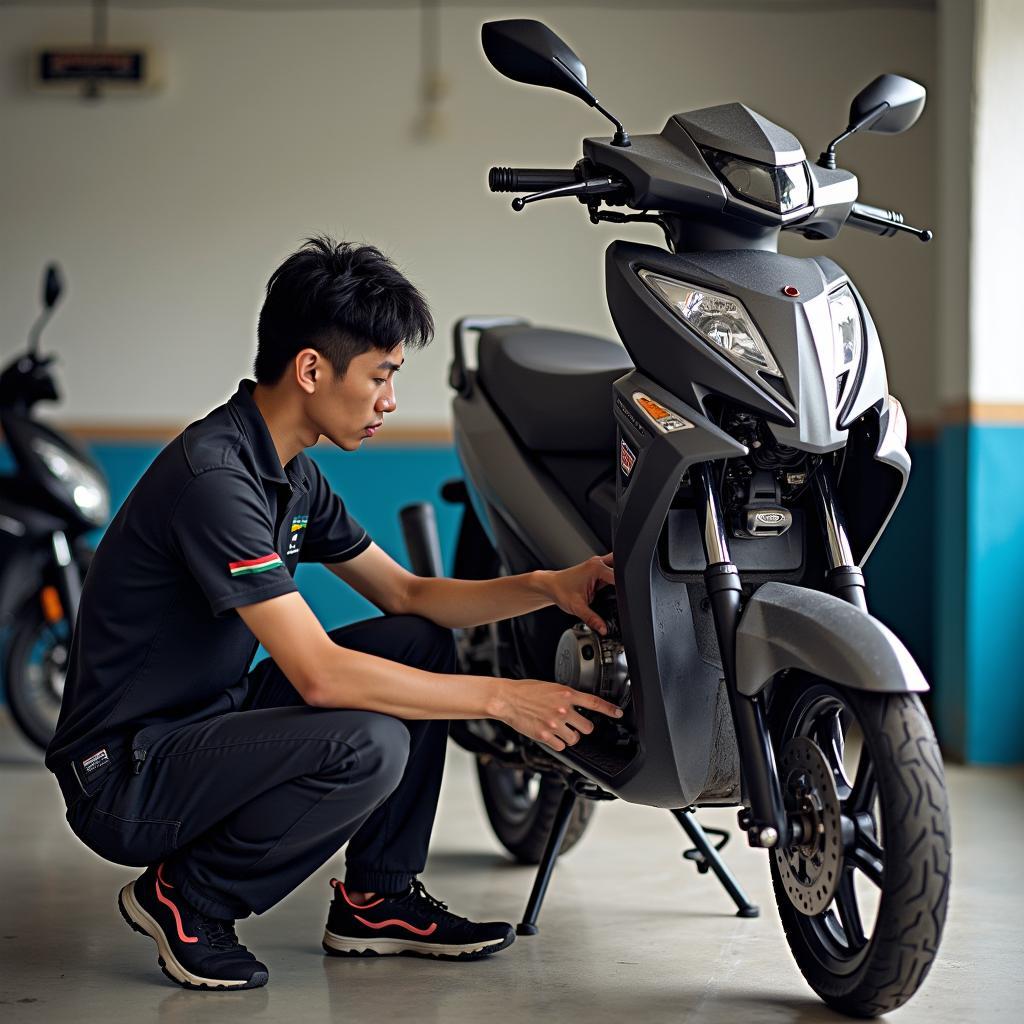 Thợ sửa xe máy Bình Đạo tại KCN Quế Võ đang bảo dưỡng xe cho khách hàng một cách chuyên nghiệp.