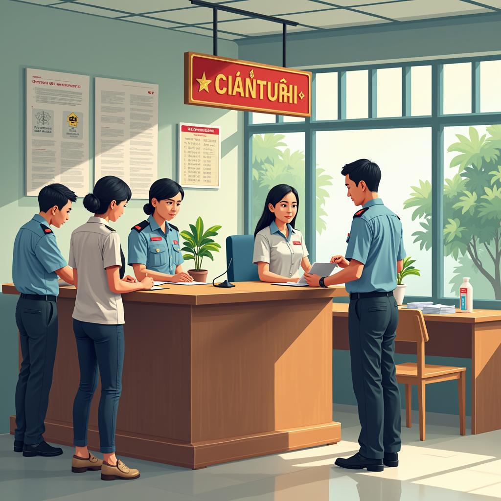 Hình ảnh minh họa người dân đang làm thủ tục hành chính tại quầy tiếp dân của Công an Phường Hiệp Bình Chánh.