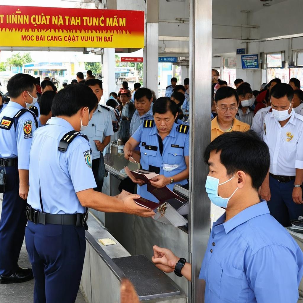 Người dân và du khách đang xếp hàng làm thủ tục xuất nhập cảnh tại Cửa khẩu Mộc Bài.