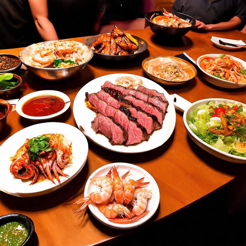 Bàn ăn đầy đặn với nhiều loại thịt nướng, hải sản và món ăn kèm trong thực đơn quán nướng Lò Đất.