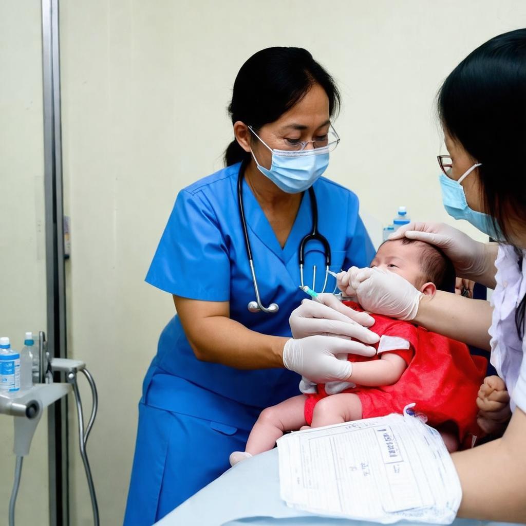 Y tá tiêm chủng cho em bé tại phòng tiêm Trạm y tế phường, đảm bảo an toàn và nhẹ nhàng cho bé