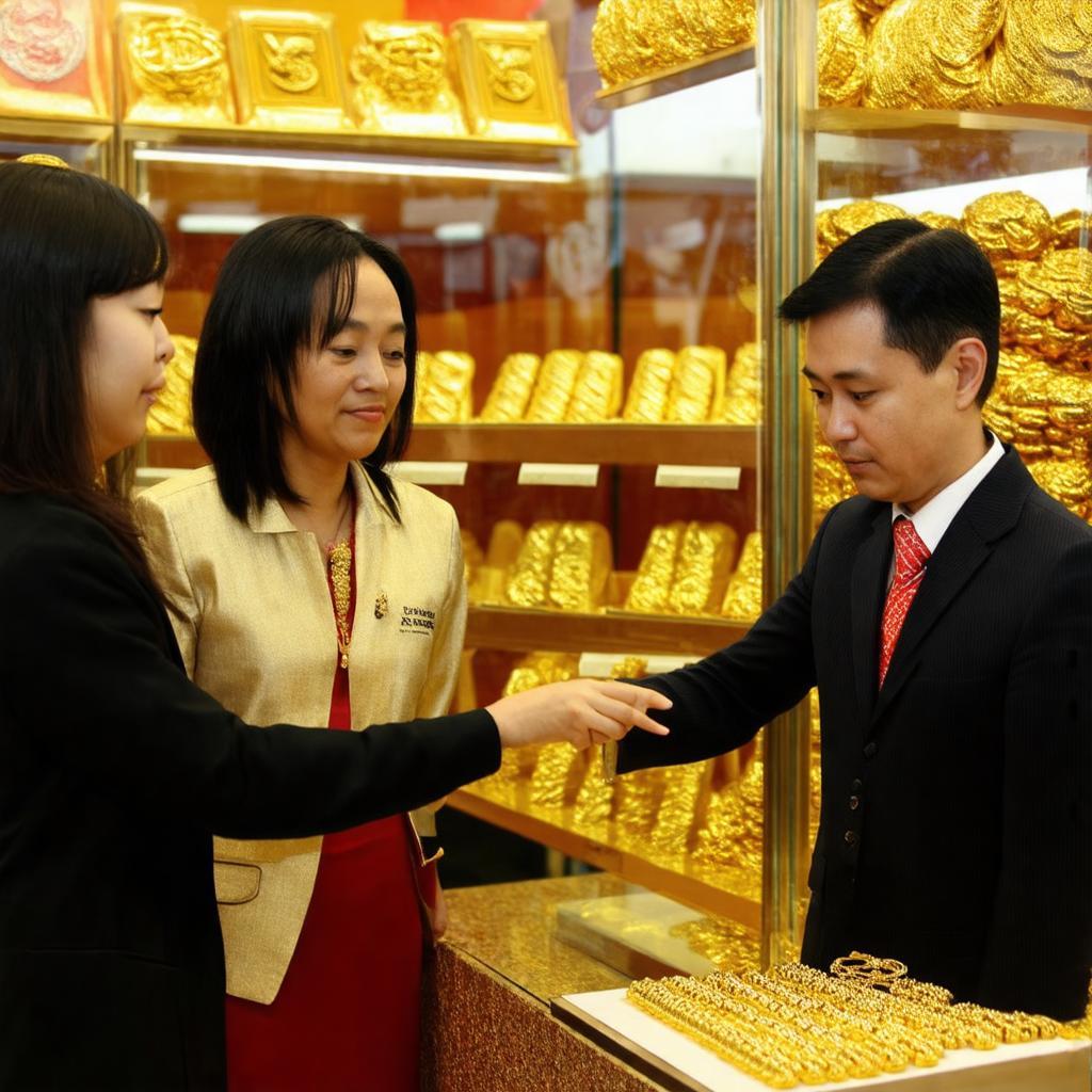 Nhân viên tiệm vàng Hồng Phát tận tình tư vấn và phục vụ khách hàng.