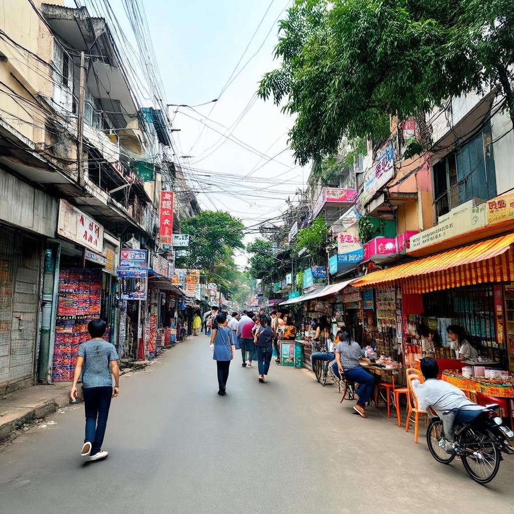 Hình ảnh các cửa hàng, quán ăn, quán cà phê sầm uất trên phố Tây Sơn gần khu vực Ngã Tư Sở.