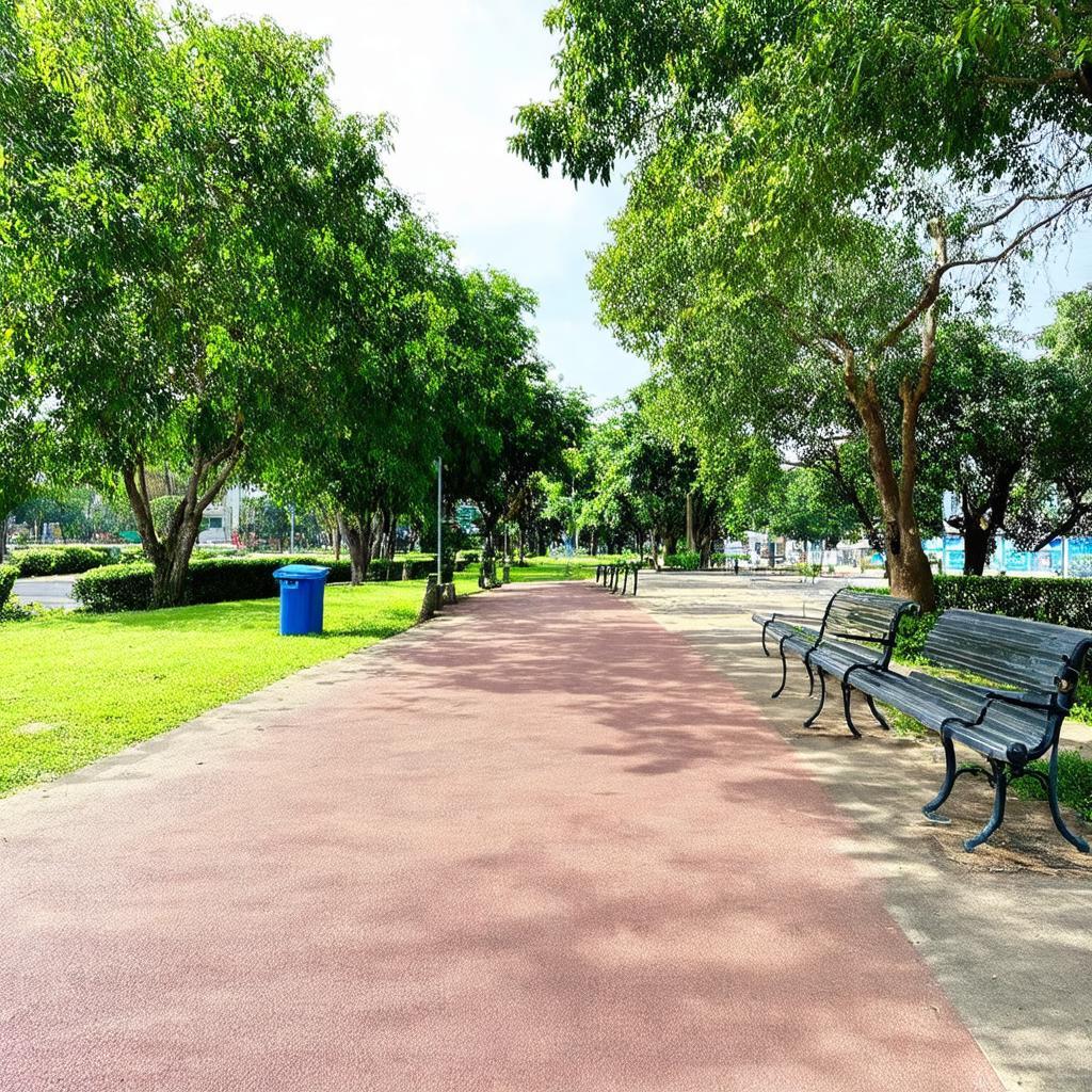 Ghế đá, lối đi bộ và không gian tiện nghi trong công viên Nam An Khánh