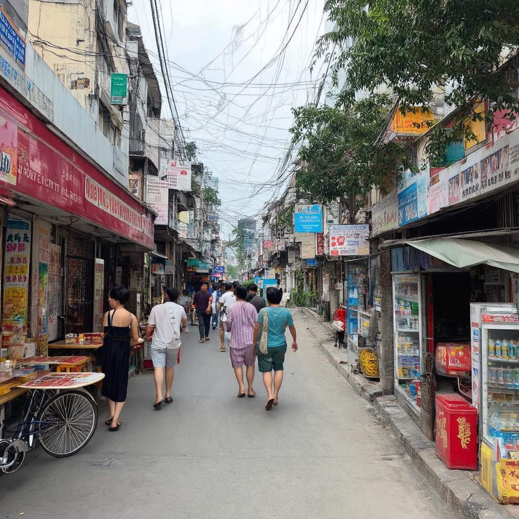 Minh họa các tiện ích đa dạng như cửa hàng, nhà hàng trên Phố Nguyễn Cơ Thạch.