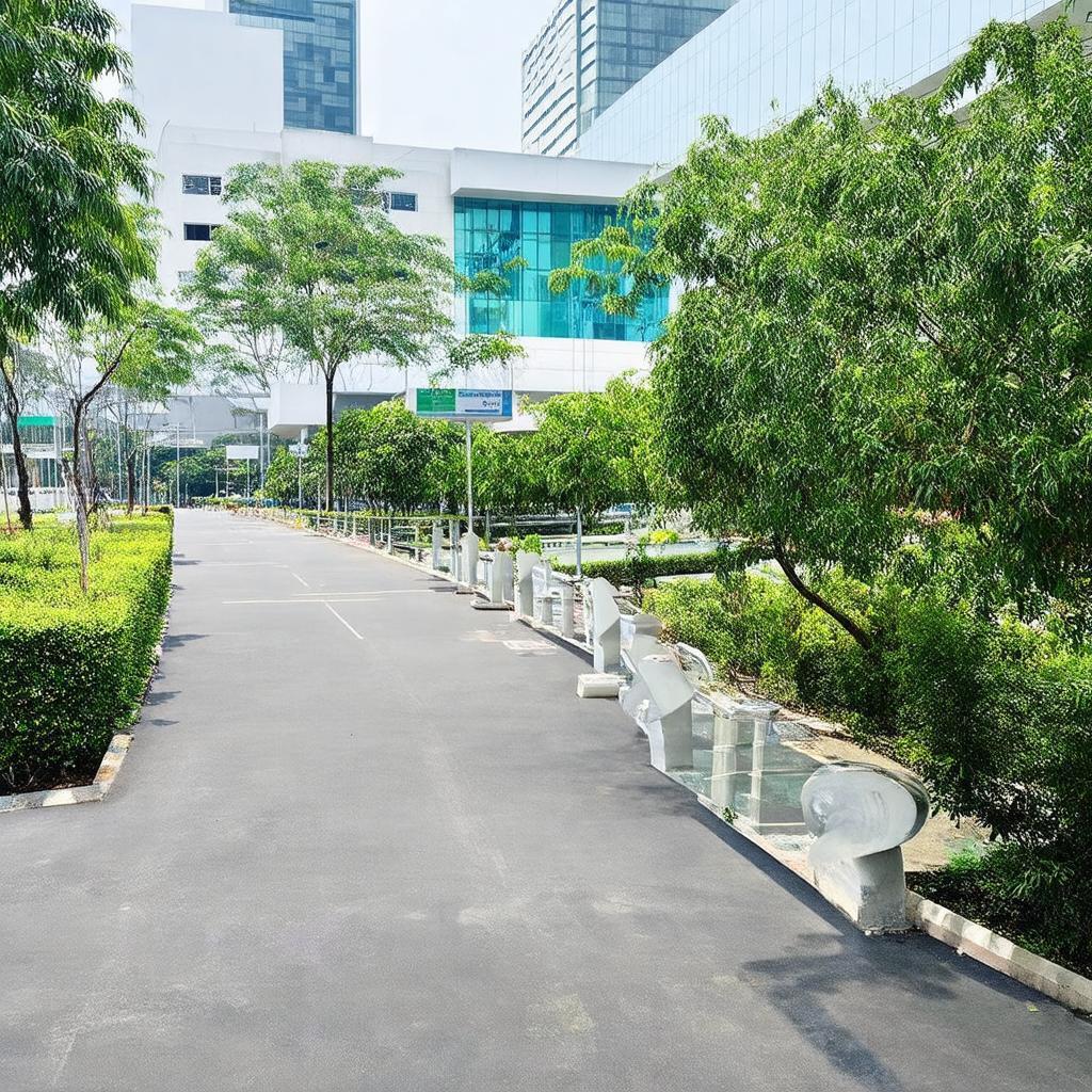 Các tiện ích và cảnh quan bên trong Khu Công Nghệ Cao TP.HCM, thể hiện môi trường làm việc hiện đại và xanh sạch