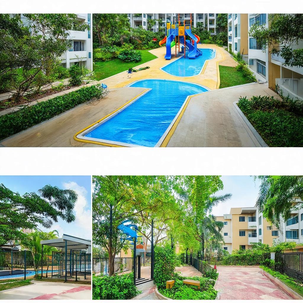 Hình ảnh tổng hợp tiện ích nội khu Tropic Garden: vườn cây, khu vui chơi trẻ em, phòng gym