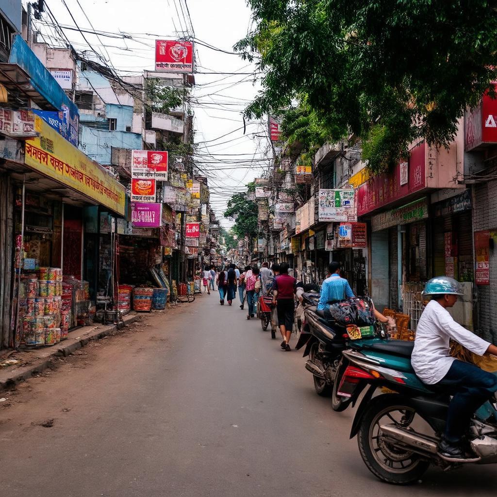 Khu vực xung quanh ngã tư Đông Anh sầm uất với nhiều cửa hàng, ngân hàng, quán ăn, phản ánh đời sống thương mại sôi động.