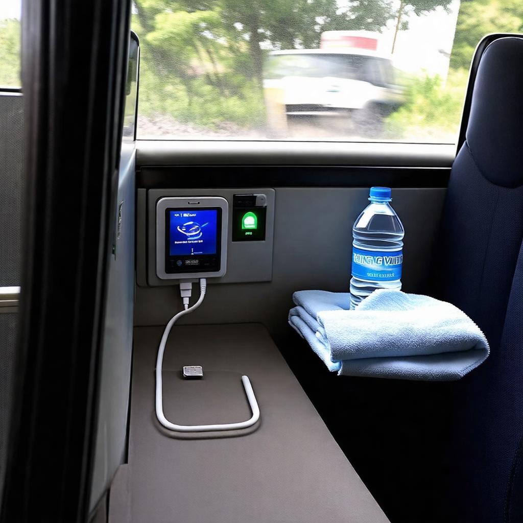 Các tiện ích hiện đại bên trong xe Rồng Việt Limousine: cổng sạc USB, màn hình giải trí cá nhân.