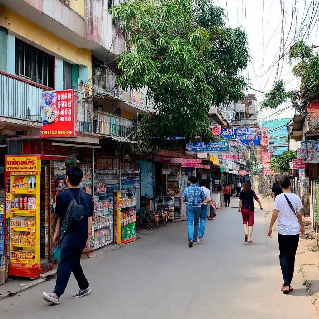 Cảnh quan khu vực lân cận Trường Trung cấp Âu Việt Gò Vấp với các cửa hàng, quán ăn, và tiện ích khác.
