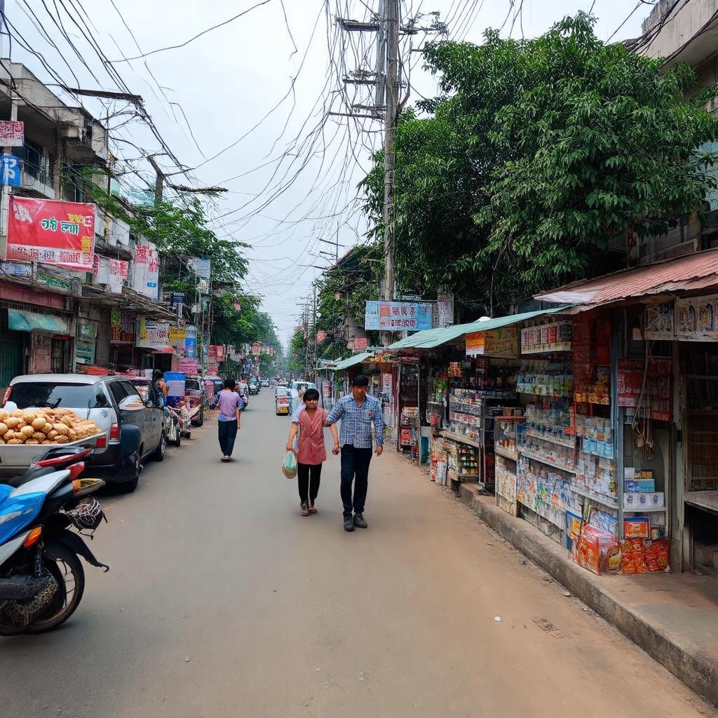 Các tiện ích, quán ăn, cửa hàng dọc theo đường số 10 gần Trường THPT Đào Sơn Tây.
