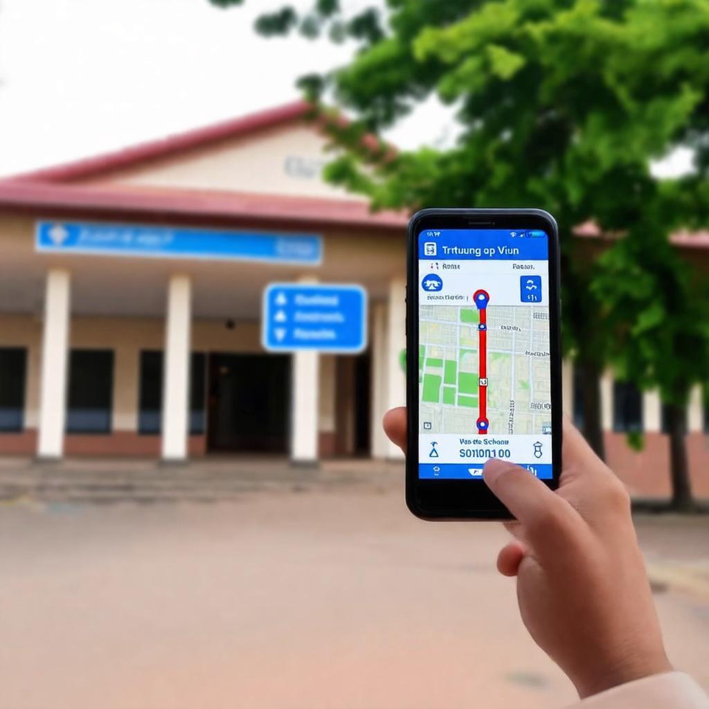 Hình ảnh một người dùng điện thoại với ứng dụng bản đồ để tìm đường đến Trường Trung cấp Âu Việt.