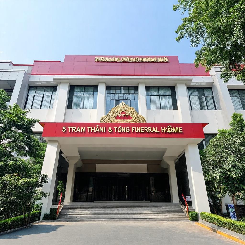 Mô tả kiến trúc và không gian bên ngoài của Nhà Tang Lễ Trần Thánh Tông tại địa chỉ 5 Trần Thánh Tông, Hà Nội