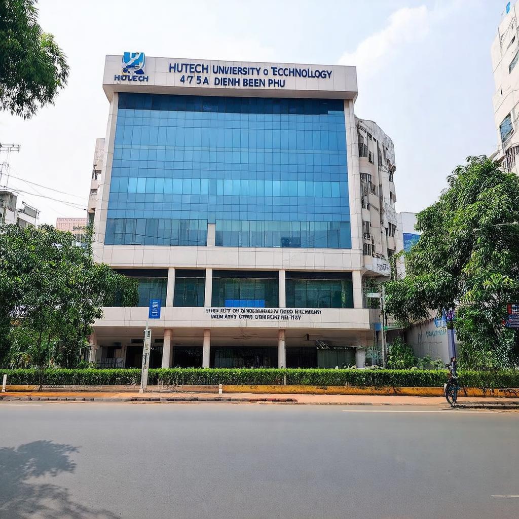 Hình ảnh tòa nhà hiện đại của Trường Đại học Công nghệ TP.HCM HUTECH tại địa chỉ 475A Điện Biên Phủ, TP.HCM.