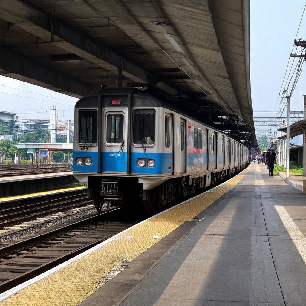Một đoàn tàu đang dừng hoặc đi qua Ga Tiền Trung ở Phường Ái Quốc