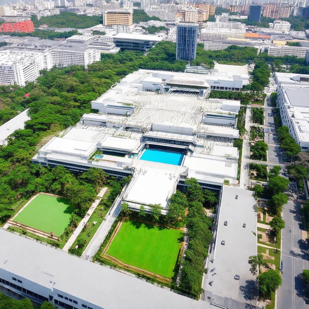 Toàn cảnh khuôn viên xanh mát và được quy hoạch khoa học của Đại học Văn Lang cơ sở 3.