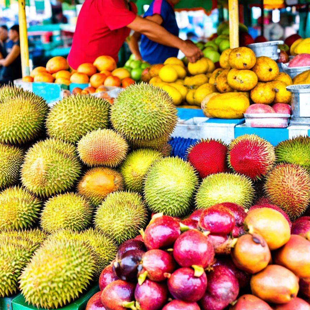 Sạp hàng bán các loại trái cây đặc sản theo mùa tại Chợ Phú Lâm, Đồng Nai.