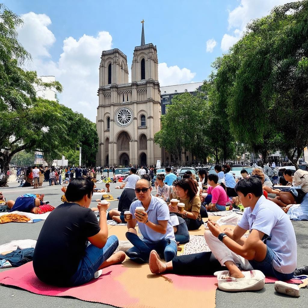 Du khách và người dân địa phương cùng ngồi bệt thưởng thức cà phê và ngắm nhìn Nhà Thờ Đức Bà.