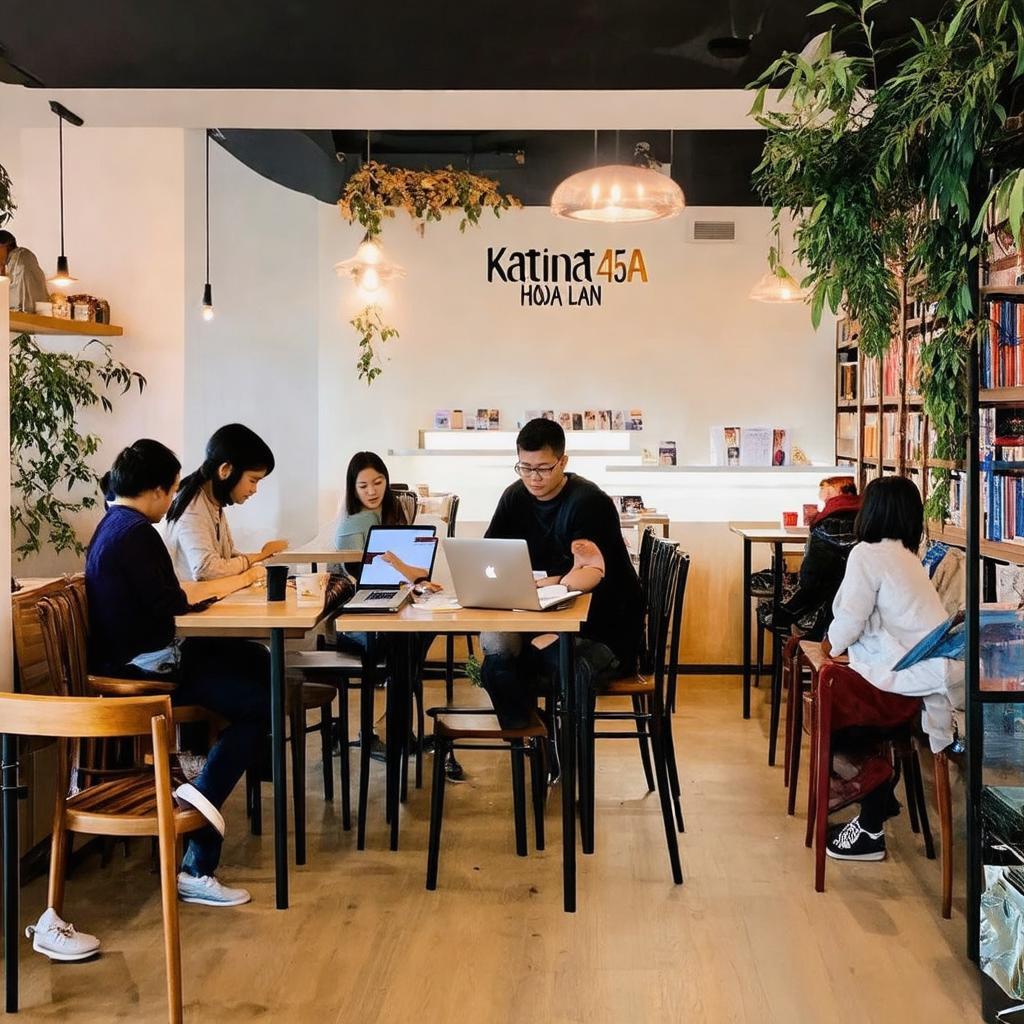 Khách hàng trải nghiệm không gian Katinat 45A Hoa Lan, làm việc hoặc thư giãn.
