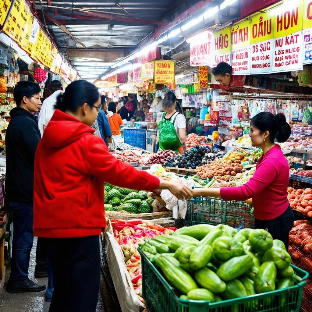 Khung cảnh mua sắm truyền thống tại chợ Phú Nhuận với người dân tương tác và trả giá vui vẻ.
