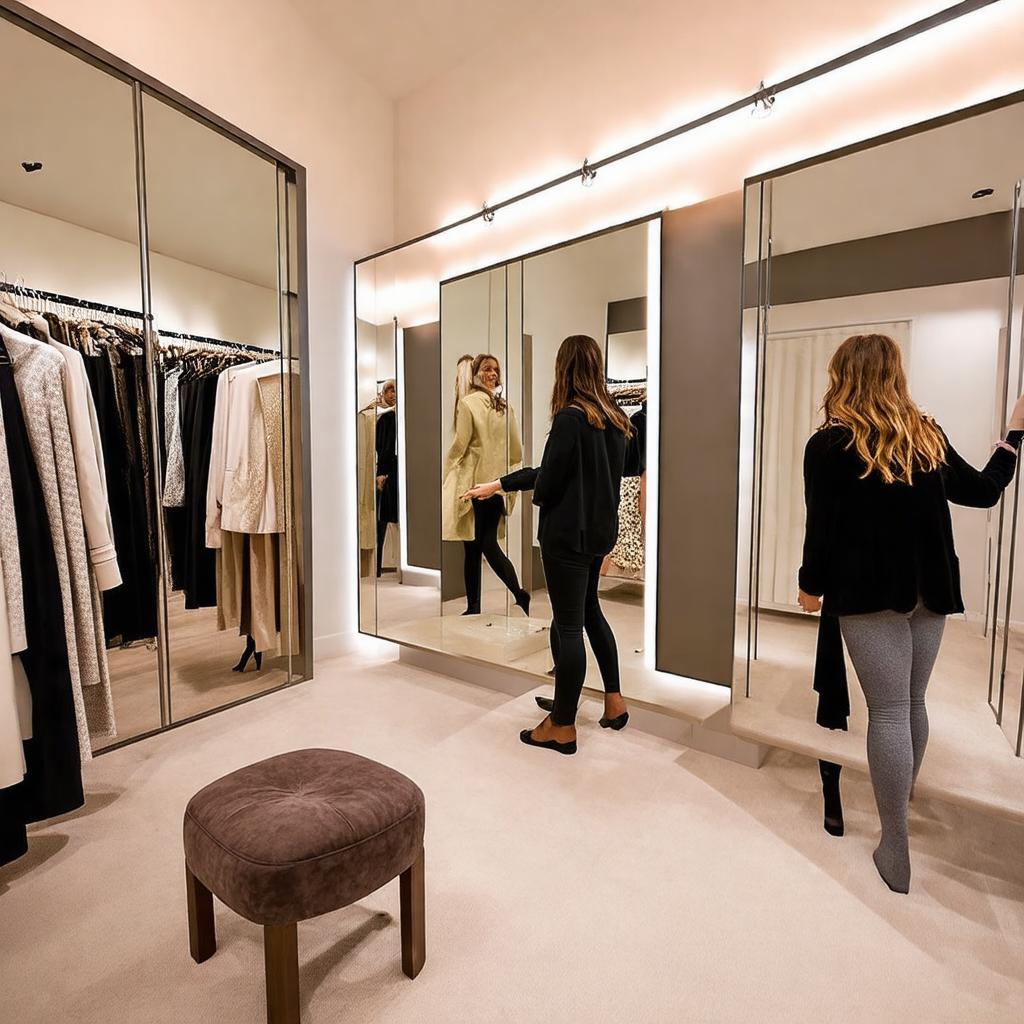 Khu vực thử đồ rộng rãi, kín đáo tại Mộc Miên Fashion, hỗ trợ khách hàng thử trang phục thoải mái.