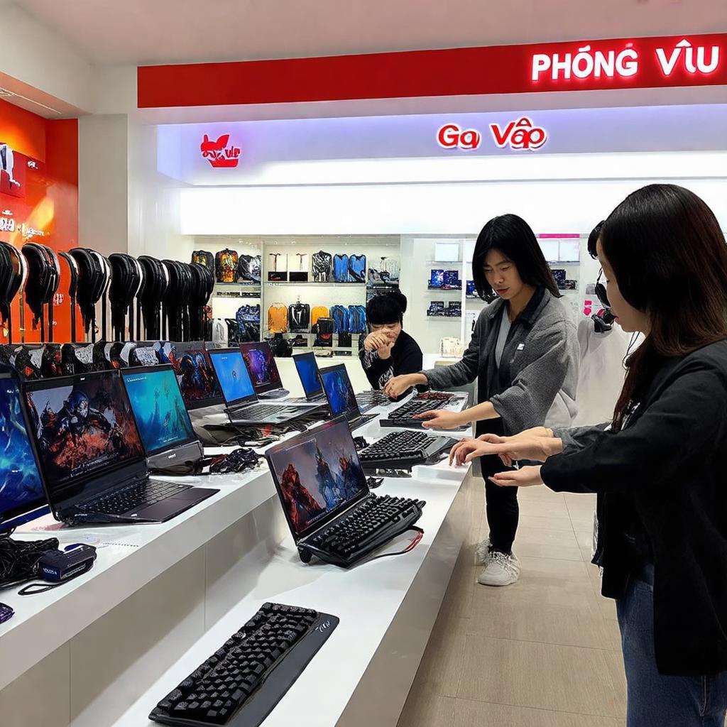 Khách hàng trực tiếp trải nghiệm laptop và thiết bị gaming tại Phong Vũ Gò Vấp