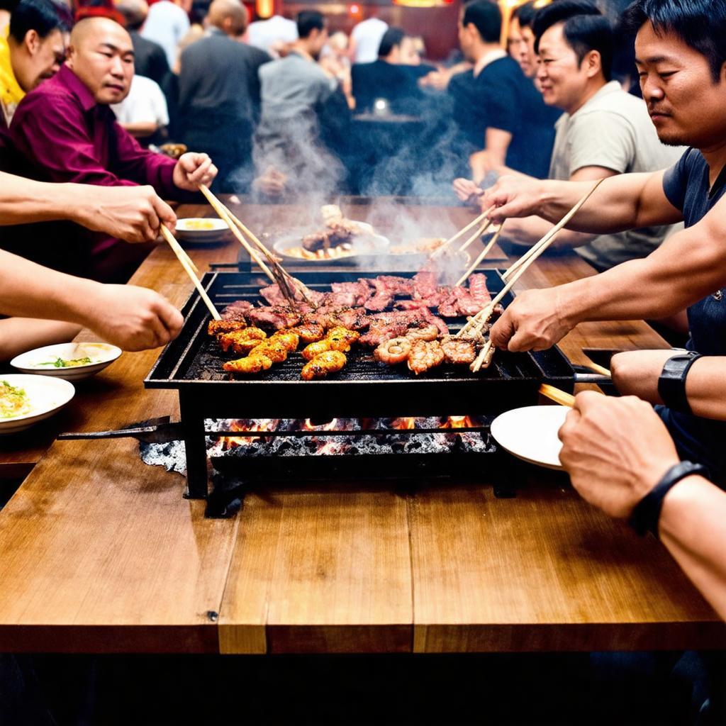 Khách hàng đang tự tay nướng thịt trên bếp than hồng tại bàn, thể hiện không khí sôi động của quán Lò Đất.