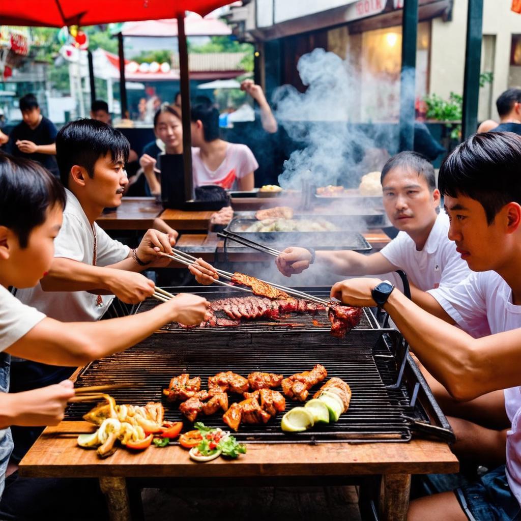 Khách tự tay nướng đồ ăn trên bếp than tại quán buffet 123K Nướng Ngon Mã Lò.