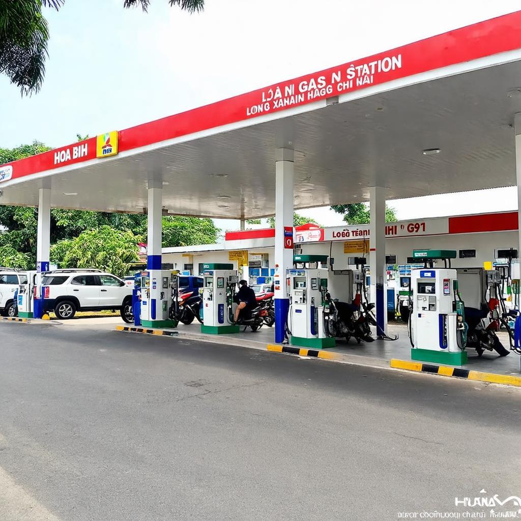 Hinh anh tram xang Hoa Binh 1 Long Xuyen rong rai, sach se voi nhieu cot bom hien dai phuc vu nhanh chong