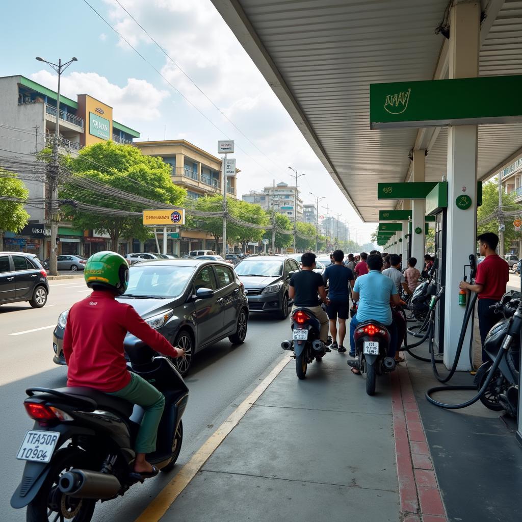 Trạm xăng quân đội 107 Phan Văn Trường Cầu Giấy tấp nập khách hàng đổ xăng