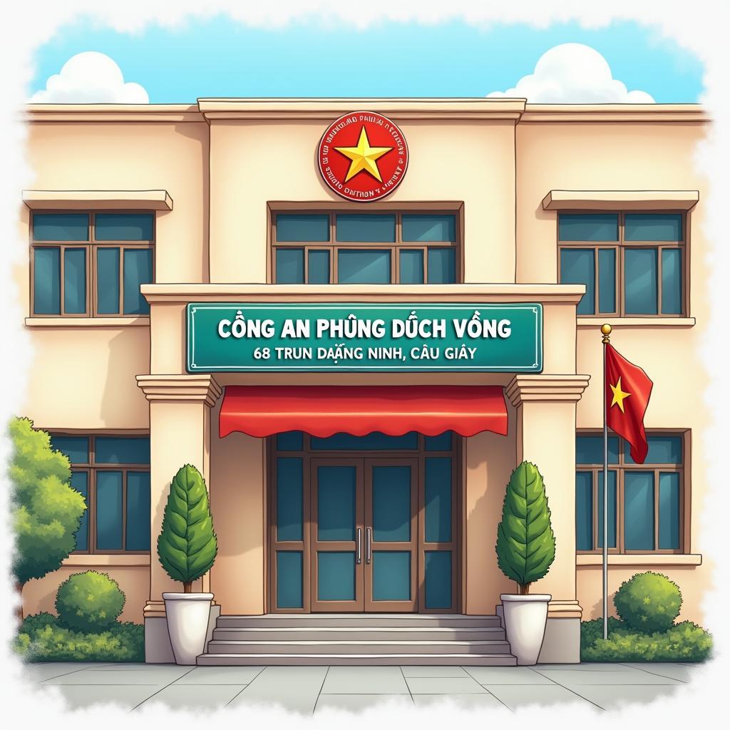 Hình ảnh tòa nhà trụ sở Công an phường Dịch Vọng tại 68 Trần Đăng Ninh, kèm thông tin liên hệ giả định