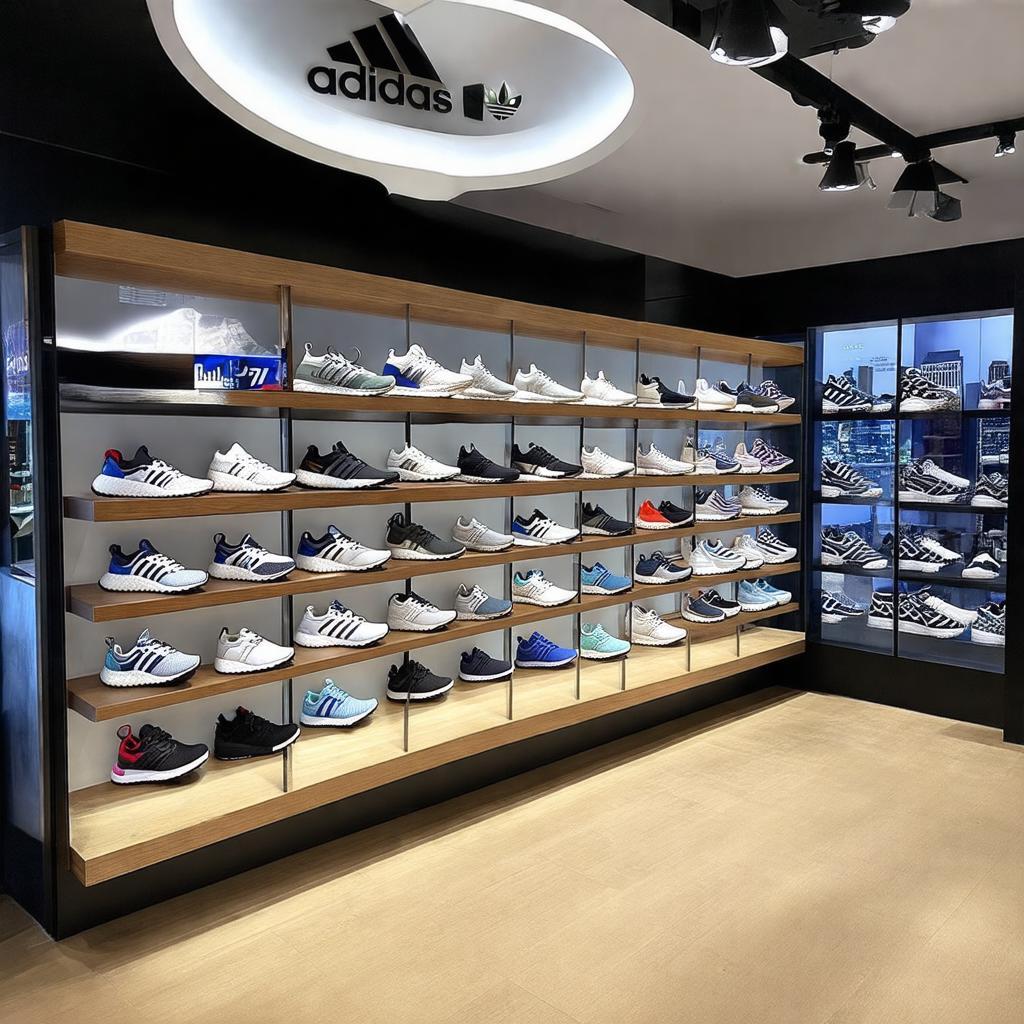 Kệ trưng bày các mẫu giày Adidas chính hãng đa dạng từ thể thao đến thời trang tại cửa hàng Lê Văn Sỹ.