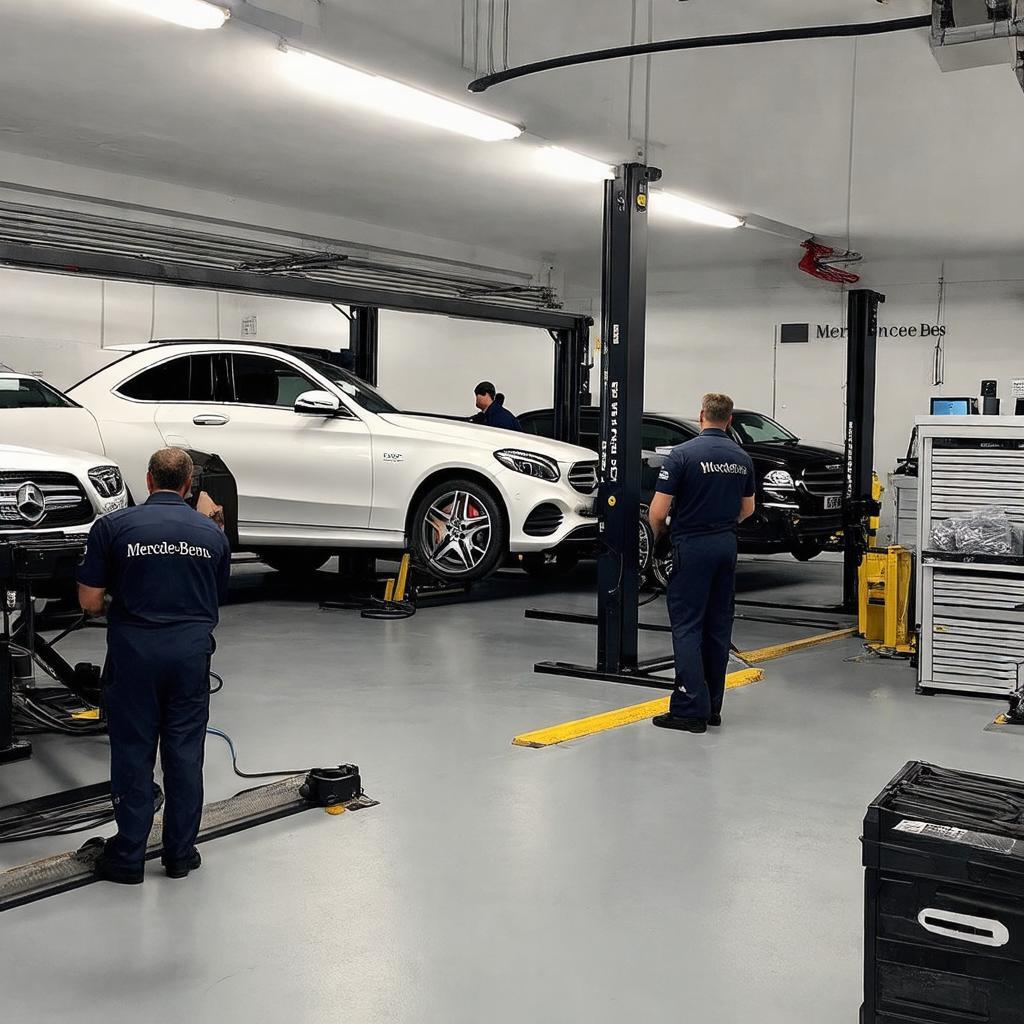 Kỹ thuật viên Mercedes-Benz chuyên nghiệp thực hiện bảo dưỡng, sửa chữa tại xưởng dịch vụ hiện đại