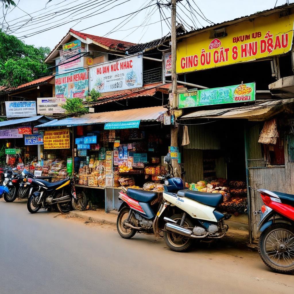 Hình ảnh cửa hàng tạp hóa, quán ăn, và dịch vụ tại trung tâm kinh tế Ngã ba Chương Hòa.